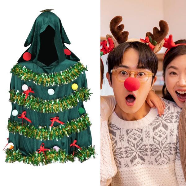 女性用クリスマスツリーコスチューム フード付きマント ショール ホリデーテーマパーティー用