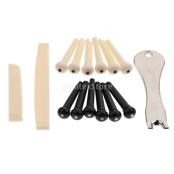 説明: 100％の新品と高品質の1セットのギターDIY部品、テストは上質ですギターのスロット付きサドルナット、6本の白い橋のピン、6本の黒い橋のピン、ピン引っ張り 6弦アコースティックギターのための素晴らしい交換部品インストールが簡単で使い...