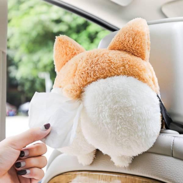 ティッシュケース 車 ティッシュカバー かわいい 車載 犬 ワンチャン ヘッドレスト ティッシュボックス 車用 ぬいぐるみ アニマル コーギーのお尻 ふわふわ