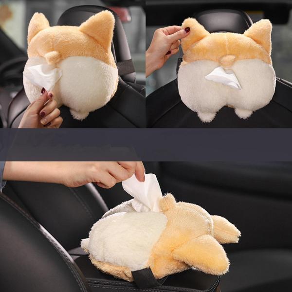 ティッシュケース 車 ティッシュカバー かわいい 車載 犬 ワンチャン ヘッドレスト ティッシュボックス 車用 ぬいぐるみ アニマル コーギーのお尻 ふわふわ