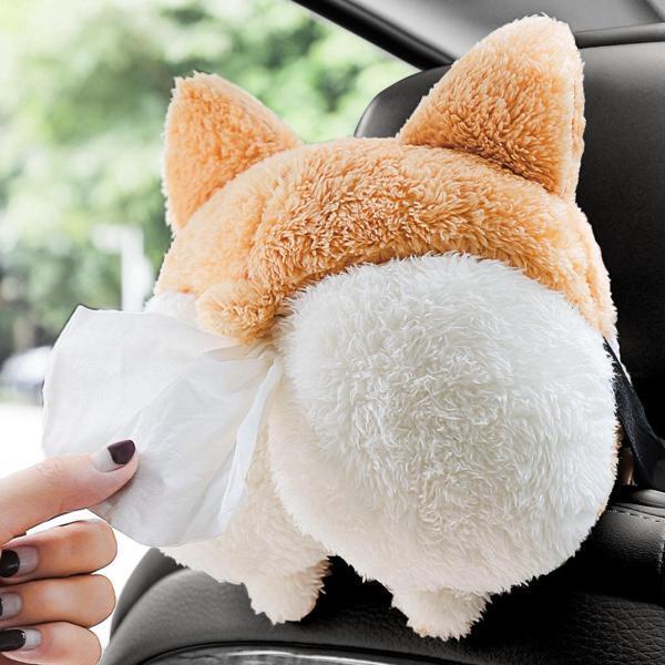ティッシュケース 車 ティッシュカバー かわいい 車載 犬 ワンチャン ヘッドレスト ティッシュボックス 車用 ぬいぐるみ アニマル コーギーのお尻 ふわふわ