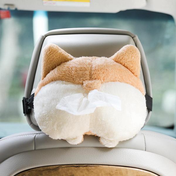 ティッシュケース 車 ティッシュカバー かわいい 車載 犬 ワンチャン ヘッドレスト ティッシュボックス 車用 ぬいぐるみ アニマル コーギーのお尻 ふわふわ