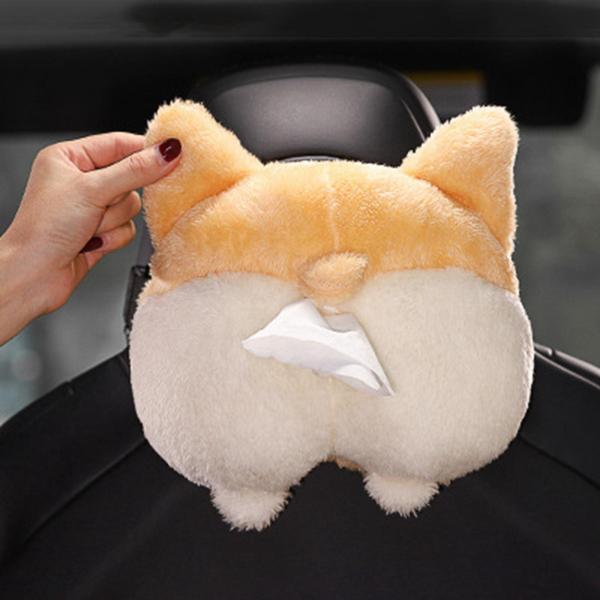 ティッシュケース 車 ティッシュカバー かわいい 車載 犬 ワンチャン ヘッドレスト ティッシュボックス 車用 ぬいぐるみ アニマル コーギーのお尻 ふわふわ