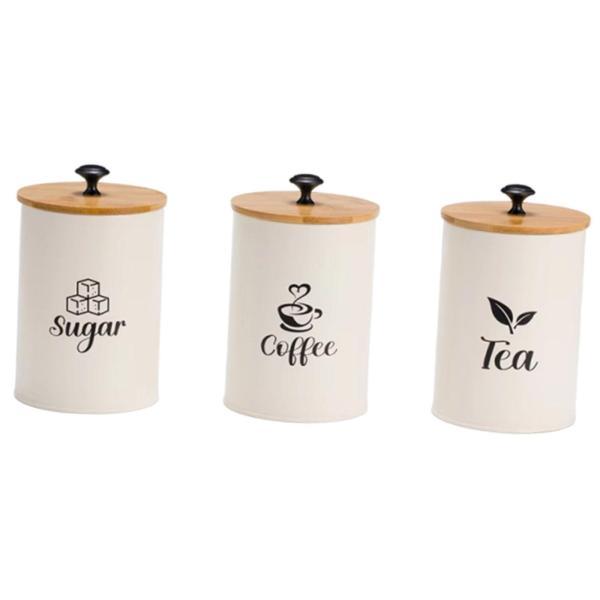 ３セット　キャニスター　珈琲、紅茶、お砂糖 コーヒー、砂糖、紅茶用の保存容器3個セット 竹製の蓋付き : STK