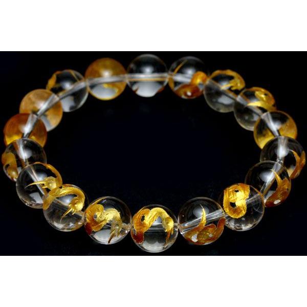 石流通センター 彫刻ビーズ 水晶 (金彫り) 十二支「巳」 (12mm