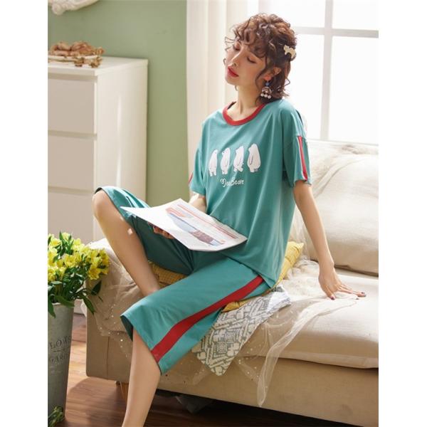 パジャマ レディース 半袖 ルームウェア 上下セット ショートパンツ 綿 サイドライン プリント おしゃれ 大きいサイズ 秋冬 Tシャツ 短パン 外出 Supersport Tn