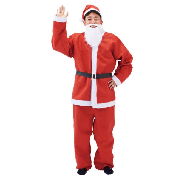 大人気！サンタの上着・ズボン・帽子・ベルト・ひげのコスチュームセット！スタッフおそろいのコスチュームでクリスマスの店内を盛り上げよう。クリスマスイベントの衣装にもおすすめです。【サイズ】大人用フリー(身長160〜180cmに対応) 帽子：頭...