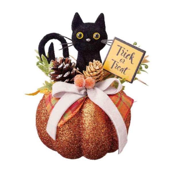 ハロウィン 飾り 装飾 小物_パンプキンベースアレンジ 高さ15cm 黒ネコ 1個_57-19-7-2_8730-5884
