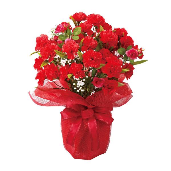 カーネーションの造花アレンジメントを商品棚やレジカウンター、オフィスの受付などに置くだけで簡単に春らしい店舗ディスプレイに。●素材／ポリエステル・不織布・ポリプロピレン・セメント●サイズ／幅33×奥行28×高さ52cm