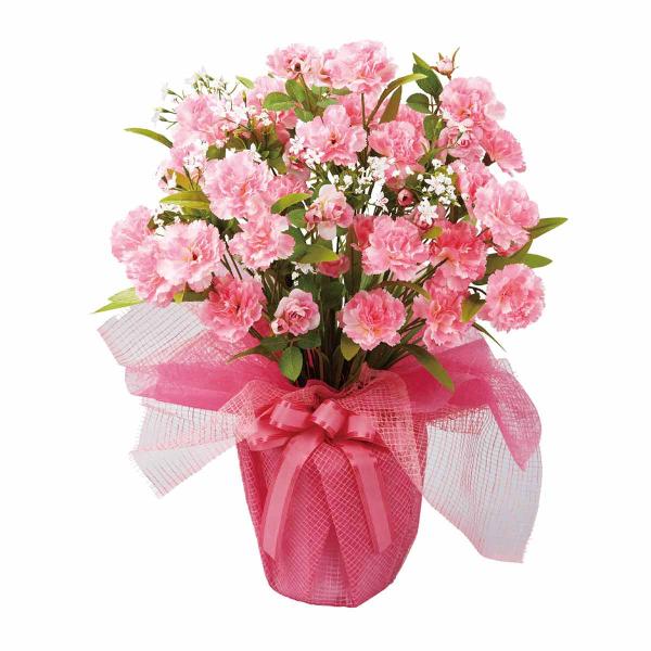 カーネーションの造花アレンジメントを商品棚やレジカウンター、オフィスの受付などに置くだけで簡単に春らしい店舗ディスプレイに。●素材／ポリエステル・不織布・ポリプロピレン・セメント●サイズ／幅33×奥行28×高さ52cm