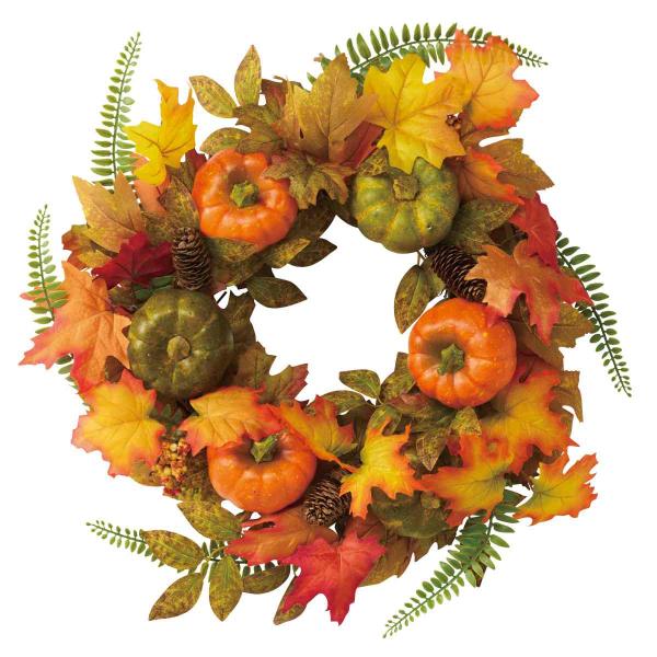 リース 花 玄関 造花_【直径50cm】オータムリーブスリース パンプキン 1個_57-13-2-2_8800-8306