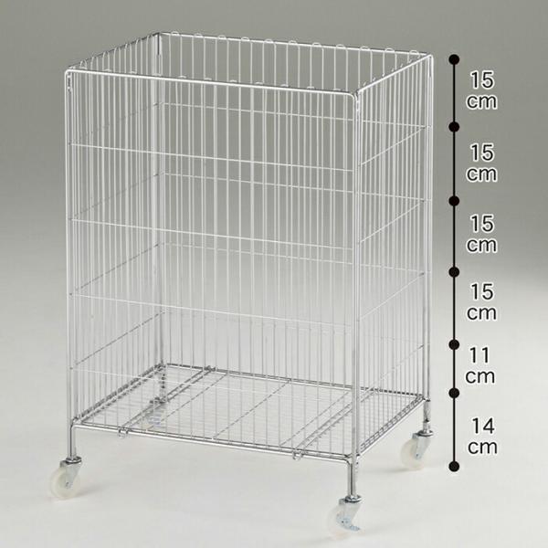 深さ調整ができ、さまざまな商品の大量陳列時に大活躍！カゴの深さは最大71cm。折りたたんでコンパクトに収納できます。高さ調節が可能です。●素材／スチール製 クロームメッキ●サイズ／高さ85cm×幅60×奥行45cm 線材：カゴ直径2.5mm...