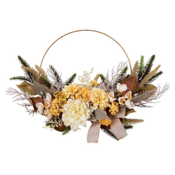 お店が華やぐフラワーアレンジ。スチールのフレームがおしゃれなリースです。壁に吊るして簡単に飾ることができます。テーブルやレジカウンター立てかけたり、リーススタンドに吊るせば壁がないところにも飾ることができます。オフィスインテリアにもおすすめ...