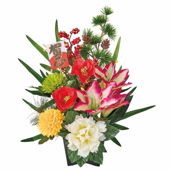 正月にぴったりの造花アレンジ。商品棚やレジ前はもちろん、オフィスやクリニックの受付にもおすすめの正月飾りです。●素材／ポリエステル・ポリスチレンベース：プラスチック●サイズ／幅33×奥行23×高さ40cmベース：幅11×奥行11×高さ8cm
