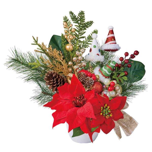 サンタクロースをイメージしたポインセチアのアレンジメント。テーブルや商品棚、レジカウンターやショーケースのクリスマスディスプレイに。オフィスやクリニックの受付にもおすすめのクリスマス飾りです。●素材／ポリエステル・発泡スチロール・塩化ビニル...