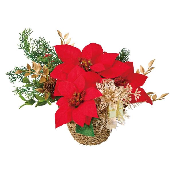 ポインセチアをあしらったデコレーションアレンジメント。バスケットがオシャレ。テーブルや商品棚、レジカウンターやショーケースのクリスマスディスプレイに。オフィスやクリニックの受付にもおすすめのクリスマス飾りです。●素材／ポリエステル・塩化ビニ...