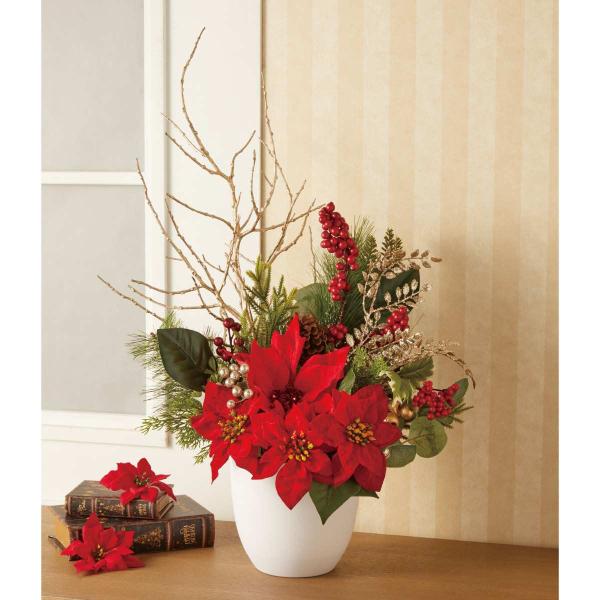 エレガントなポインセチアのアレンジで華やかな空間に。オフィスのエントランスや店舗のメインテーブルにぴったりの豪華なアレンジメントです。ストエキオリジナルなのでコスパ抜群。●素材／ポリエステル・発泡スチロール・塩化ビニル・天然素材ベース：プラ...