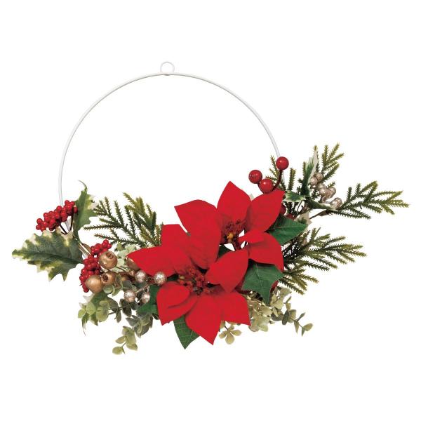 エレガントなポインセチアのアレンジで華やかな空間に。壁に吊るしたり、立てかけたり、リーススタンドに吊るせば壁がないところにも飾ることができます。テーブルや商品棚はもちろん、オフィスやクリニックの受付にもおすすめのクリスマス装飾です。●素材／...