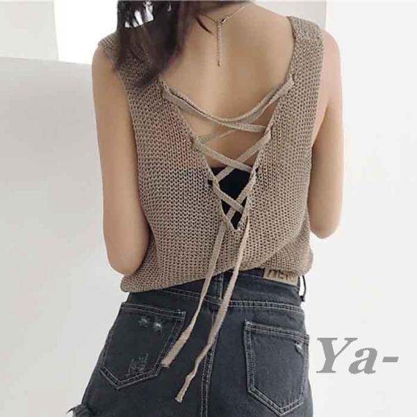 背中あき トップス レースアップ 背中見せ リボン トップス へそ出し