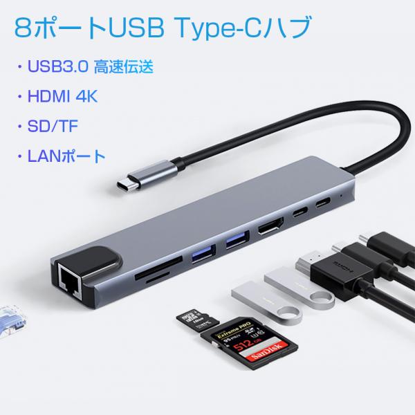 ＼SALE／Type-C USBハブ 8in1 変換アダプタ USB3.0 PD充電 LANポート HDMI出力 SD TF 有線LAN コネクタ 最大4K高画質 映像出力対応 会議用