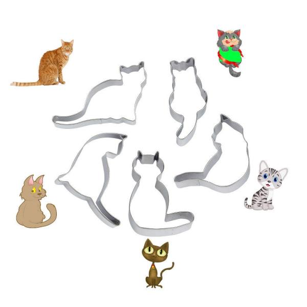 クッキー型 猫 5個セット ねこ クッキーカッター ステンレス製 ビスケット 抜き型 お菓子作り 製菓道具 手作り DIY ベーキングツール