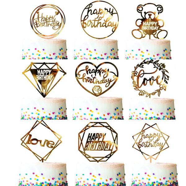ゴールド ケーキトッパー 9枚セット Happy Birthday ケーキ挿入カード お誕生日 ウエディング 結婚式 パーティー ケーキ飾り