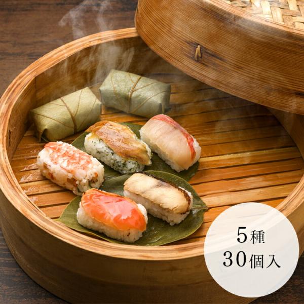 【名　称】すし【内容量】柿の葉寿司（焼さば、穴子、炙りさけ、えび、金目鯛）各６個　計30個入【原材料名】酢飯[米(国産)、調味酢(醸造酢、果糖ぶどう糖液糖、砂糖、食塩)、調味液、植物油]、焼さば、酢〆炙りトラウトサーモン、酢〆金目鯛、えび、...