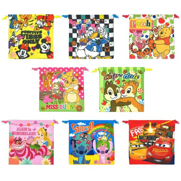 「ディズニー」キャラクターデザインの巾着袋「ディズニーオールスターカラフル巾着袋」です。裏側も同じ柄のデザインになっています。〇サイズ：約H150×W150mm〇全８柄（ミッキーフレンズ、ドナルド＆デイジー、チップ＆デール、くまのプーさん、...