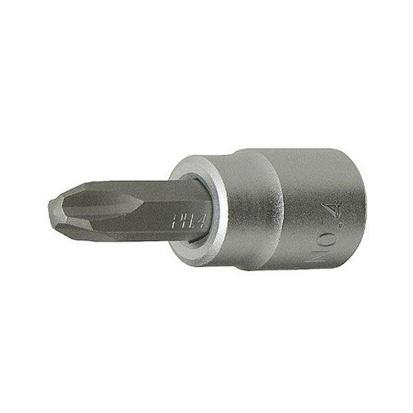 先端はプラスドライバー形状でラチェットレンチ等で使用できるプラスビットソケットです。[差込角] 3/8"(9.5mm)[サイズ] No.4[全長] 50mm[重量] 40g[材質] クロームバナジウム鋼[仕上げ]・ソケット部:クロームメッキ...