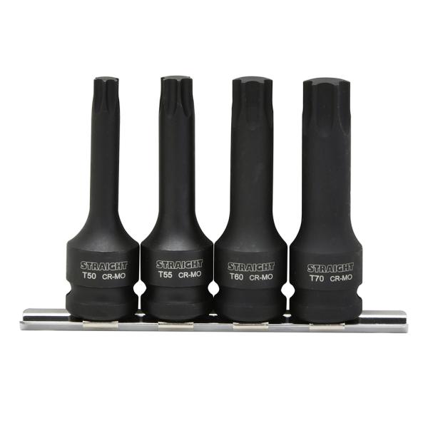 インパクトレンチ対応のヘクサロビュラビットソケットのセット商品です。[差込角] 1/2"(12.7mm)[サイズ] T50、T55、T60、T70[全長] 各78mm[材質] クロームモリブデン鋼