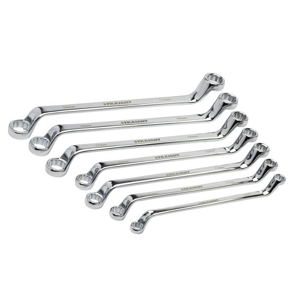 オフセット角が75°と一般的なメガネレンチよりも深いタイプです。これによりボルトナット付近の障害物を超えてレンチを取り回したり、凹んだ場所にあるボルトナットを回す際にも便利になっています。[セット内容(mm)]・8×10・10×12・11×...