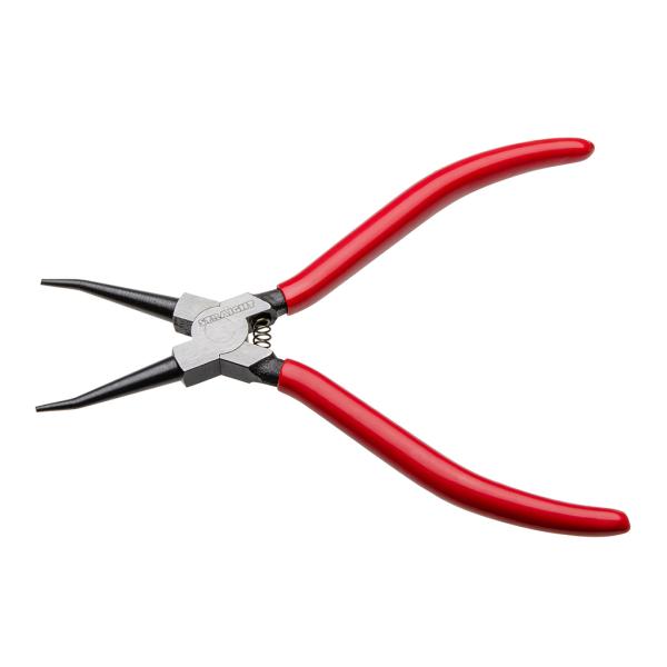 スナップリングプライヤー ストレート(穴用)180mmは、C型止め輪(スナップリング)脱着に使用します。クロー部の先端は滑り止め加工されており、リングがすべり落ちにくくなっています。[先端寸法] φ1.8mm[リング使用範囲] 19mm〜6...