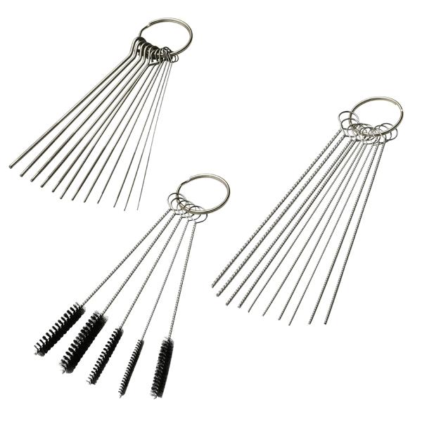 キャブレター等の細い穴が多い部分の清掃や溶接機のチップ清掃等に使用する、細径の清掃用ツールです。用途に合わせてニードル、ワイヤー、ブラシから適した径を選んで使用します。■クリーニングニードル 12ピース　0.5〜1.65(mm)穴用 12サ...