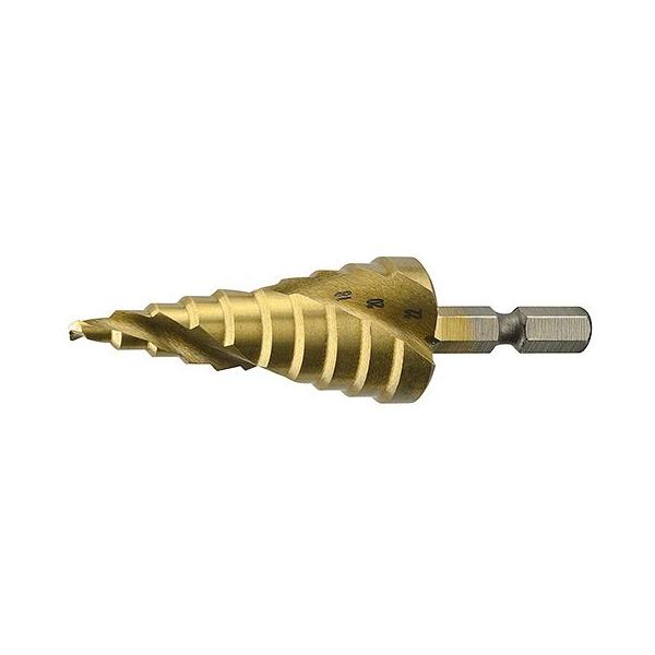 ステップドリルはチタンコーティングされていますので耐摩耗性、耐熱性に優れ、抜群の切れ味、耐久性を発揮します。穴あけ、バリ取り、面取りが同時にできる便利な商品です。切れ味の良いスパイラル刃形状を採用。[段数] 10[サイズ] 4、6、8、10...