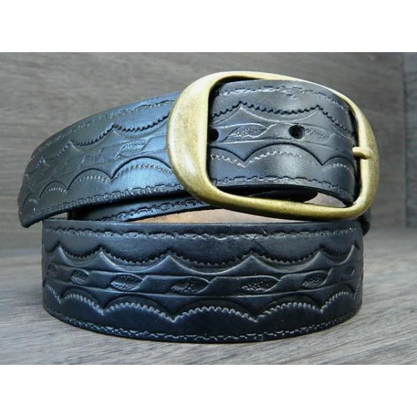 【BRACKNEY LEATHER WORKS】ブラックニーレザーワークス　アメリカ製型押 レザーベルトBELT ウェーブ柄　ブラック　NO,10 5307　11729　20777　21028　23042
