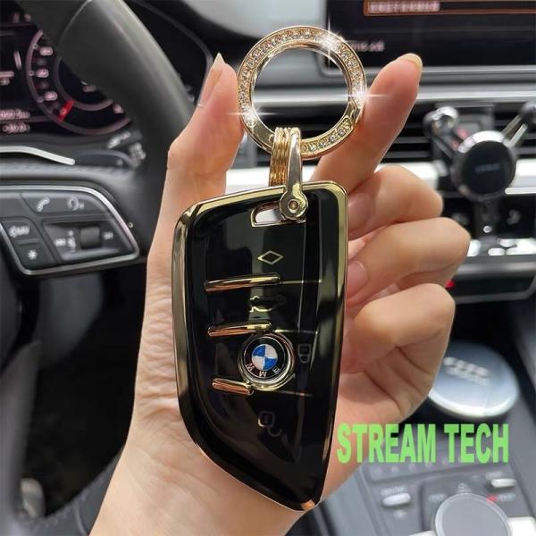 BMW 汎用 クリスタル スマートキーケース ゴールドリング付き 5種類有 キーカバー キーリング キーホルダー リボン 衝撃保護 プレゼント ギフト 送料無料