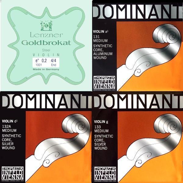 E線：ゴールドブロカット　　　(ボール,ループ)(0.26:0.27:0.25)のいずれか1本A線：131　合成繊維芯 アルミ巻,1本D線：132A 合成繊維芯 銀巻,1本G線：133　合成繊維芯 銀巻,1本　　　の4本セットです。