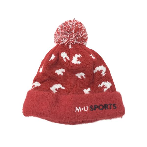 【美品】M.U SPORTS エムユースポーツ  ニット帽 総柄 レッド系 F ゴルフウェア