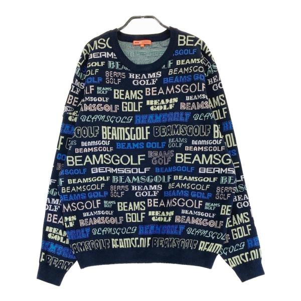 ビームスゴルフ　ネイビー グレー ストライプ セーター BEAMS GOLF ビームスゴルフ ニットセーター ウール混 ロゴ総柄