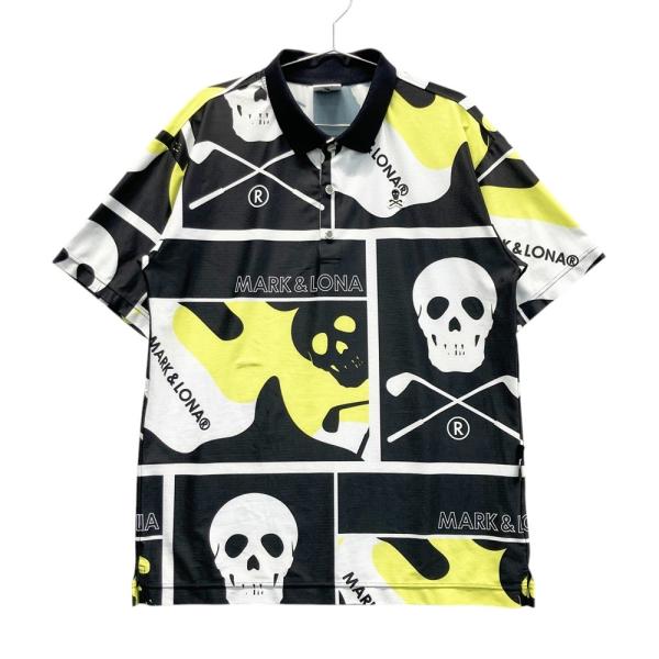 【美品】マークアンドロナ　ゴルフウェア　メンズ　半袖　ポロシャツ　サイズ48 L MARK&LONA マークアンドロナ 2024年 半袖ポロシャツ 総柄 ブラック系