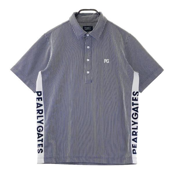 サイズ：4 PEARLY GATES パーリーゲイツ  半袖ポロシャツ刺繍 ストライプ柄 ネイビー系 [240101438692] ゴルフウェア メンズ ストスト PEARLY GATES パーリーゲイツ 半袖ポロシャツ刺繍 ストライプ柄