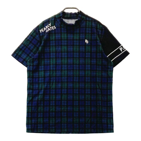 サイズ：6 PEARLY GATES パーリーゲイツ 2023年モデル モックネック 半袖Tシャツ プリント チェック柄 ネイビー系 [240101442436] ゴルフウェア メンズ ストスト PEARLY GATES パーリーゲイツ 2023年モデル モックネック 半袖T