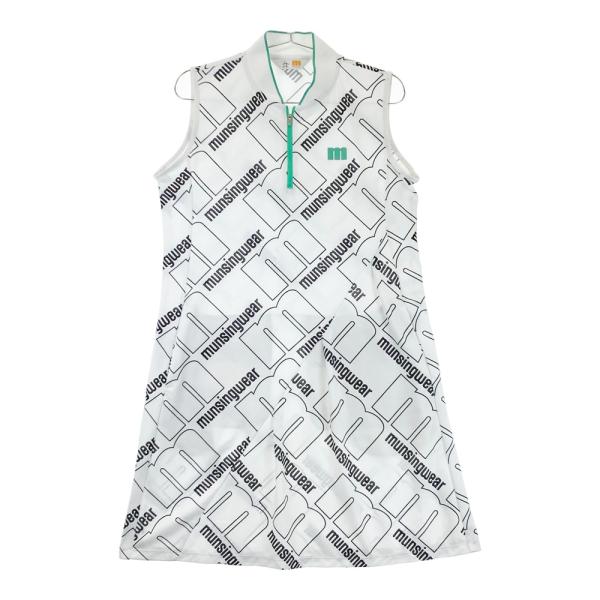 サイズ：LL MUNSING WEAR マンシングウェア 2023年モデル ハーフジップ ノースリーブワンピース ロゴ総柄 ホワイト系 [240101502177] ゴルフウェア レディース ストスト MUNSING WEAR マンシングウェア 2023年モデル ハーフジップ