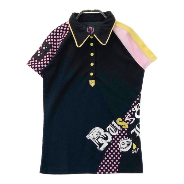 美品♡ ラッセルノ レディース ゴルフウェア トップス 半袖 ポロシャツ RUSSELUNO ラッセルノ 半袖ポロシャツ ドット柄 ブラック系 M