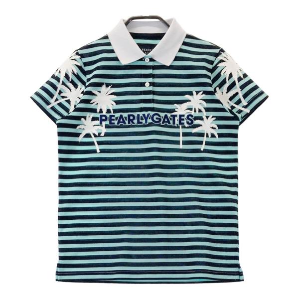 サイズ：0 PEARLY GATES パーリーゲイツ 055-1260616 半袖ポロシャツ ヤシの木プリント ボーダー柄 ネイビー系 [240101475391] ゴルフウェア レディース ストスト 新品】PEARLY GATES パーリーゲイツ 055-1260616 半袖ポロシャツ