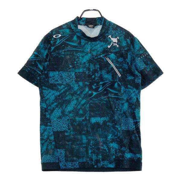 OAKLEY オークリー モックネック半袖Tシャツ スカル刺繍 総柄 ブルー系