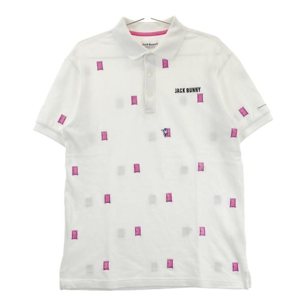 美品✨ジャックバニー ドラみちゃん　花　半袖ポロシャツ L 総柄　白　メンズ JACK BUNNY ジャックバニー ×ドラえもん 半袖ポロシャツ どこでもドア