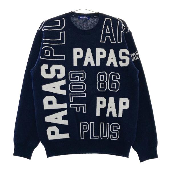 PLUS（プラス） PAPAS パパス ニットセーター ロゴ総柄 ネイビー系 M