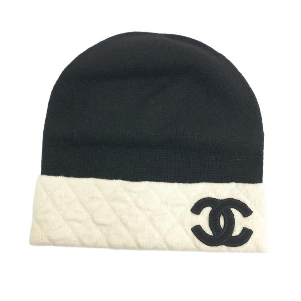 CHANEL キルティングニット帽 ホワイト・ブラック CHANEL シャネル ニット帽 ブラック系 レディース : ブランド古着