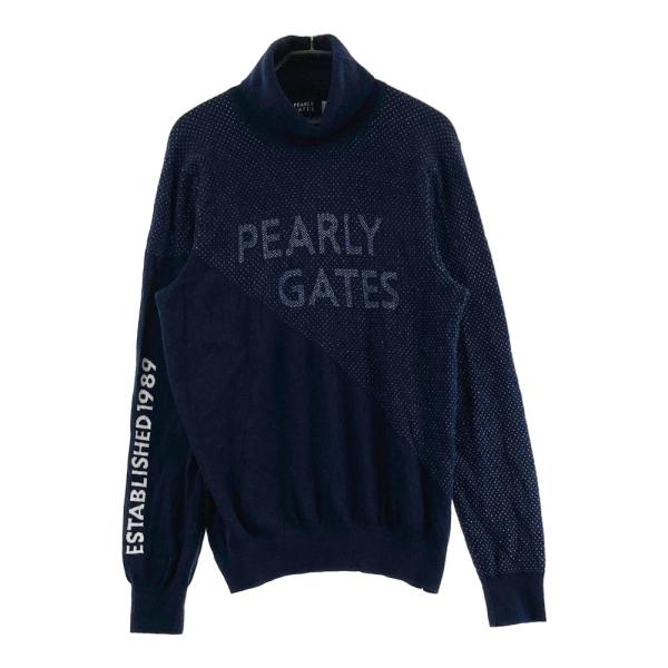サイズ：2 PEARLY GATES パーリーゲイツ 2024年モデル タートルネック ニットセーター ロゴ 総柄 ネイビー系 [240101612455] ゴルフウェア レディース ストスト PEARLY GATES（パーリーゲイツ） 2024年モデル タートルネック ニット